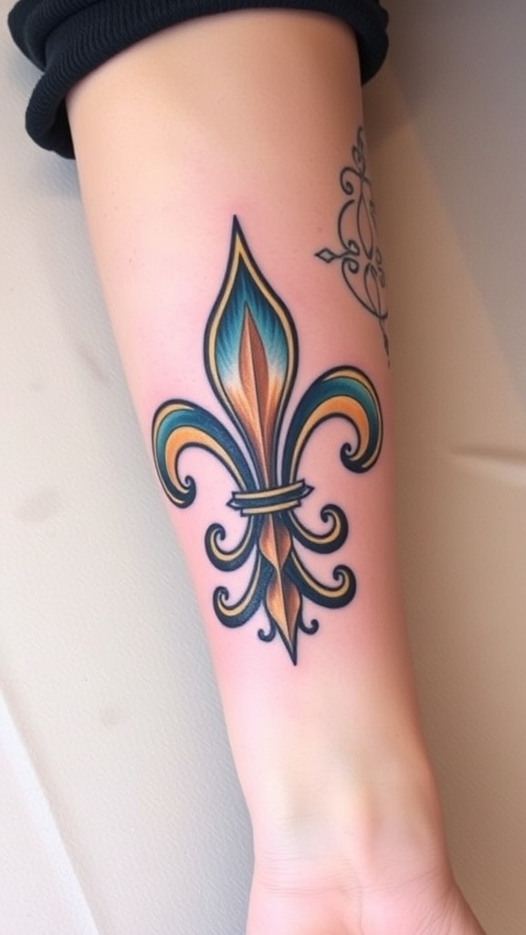 Flour de lis tattoo on forearm with intricate details and shades of blue and gold.